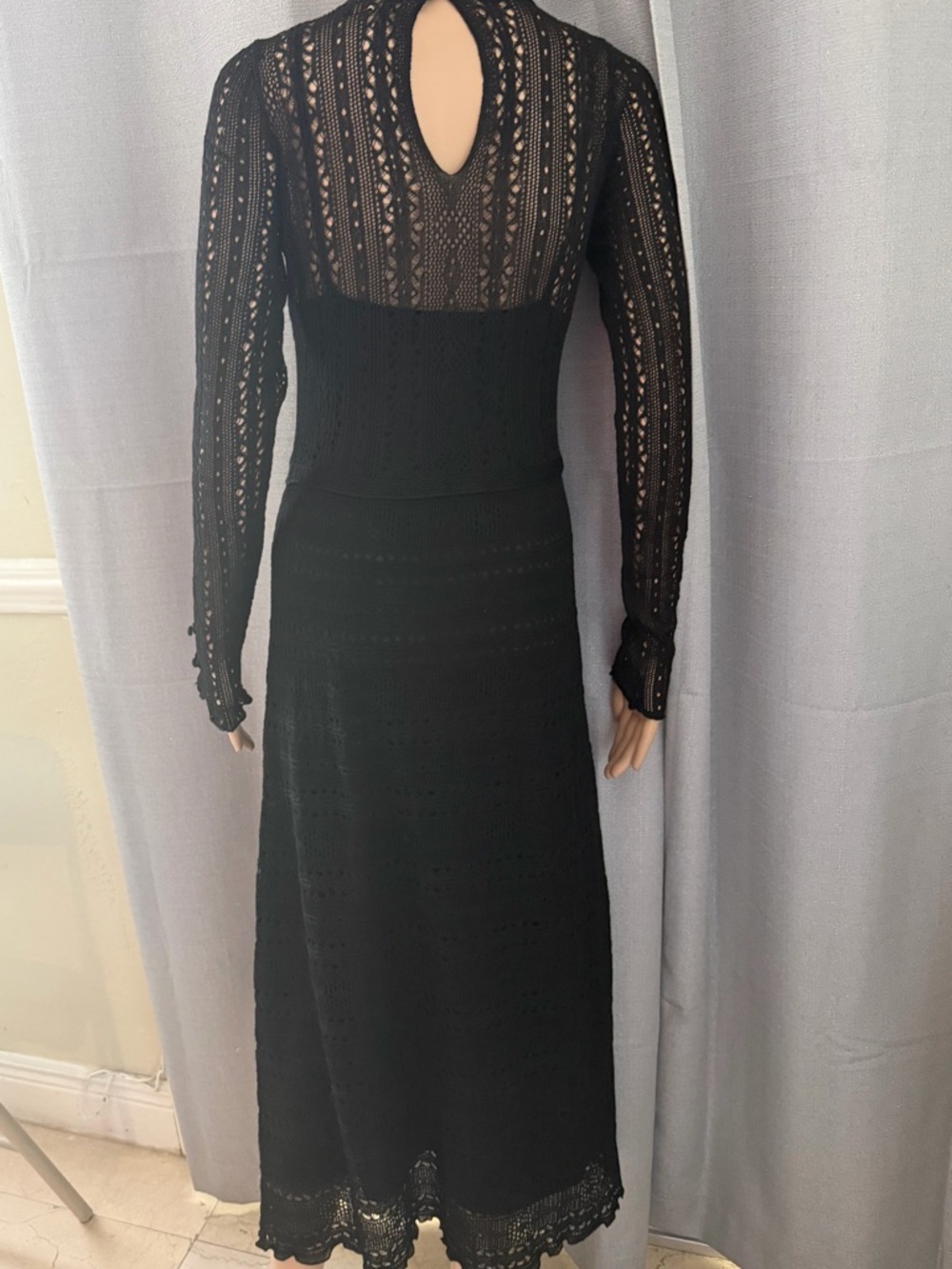 ZARA Black Lace Long Sleeve Midi Dress with Sheer Yoke - Picture 7 of 8